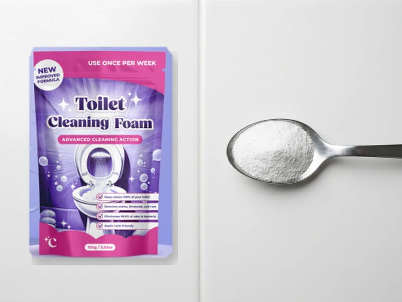 Flat lay view of authorized Fizzclean stand-up pouch container and measuring tablespoon scoop filled with white powder