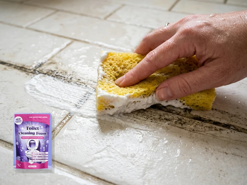 Thick white scouring paste applied along ceramic tile grout lines with damp sponge tool beside authorized Fizzclean pouch