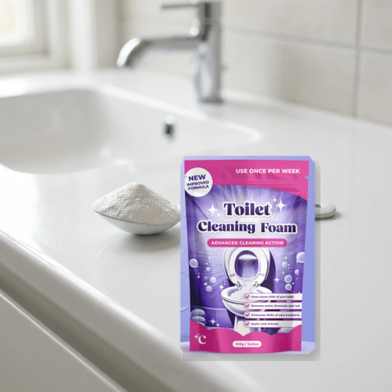 Fizzclean foaming powder stand-up pouch packaging and measuring scoop on clean ceramic surface
