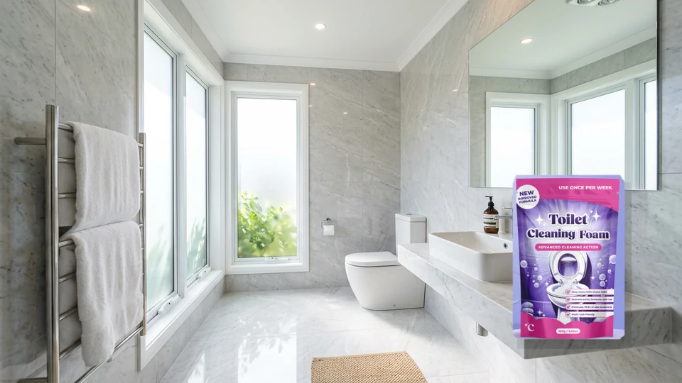 Sunlit sparkling clean bathroom interior featuring authorized Fizzclean product pouch package