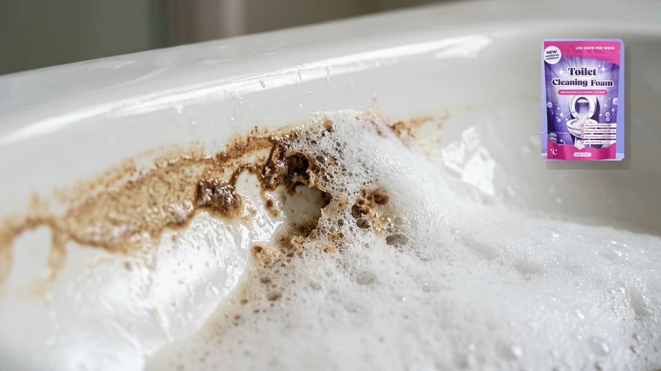 Macro view inside toilet bowl showing active foam bubbles lifting mineral deposit crust beside authorized Fizzclean pouch