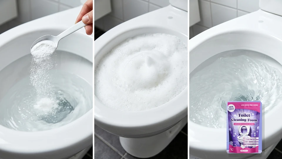 Horizontal 3-panel step sequence showing scoop pour, foam dwell phase, and clear water flush alongside authorized Fizzclean pouch